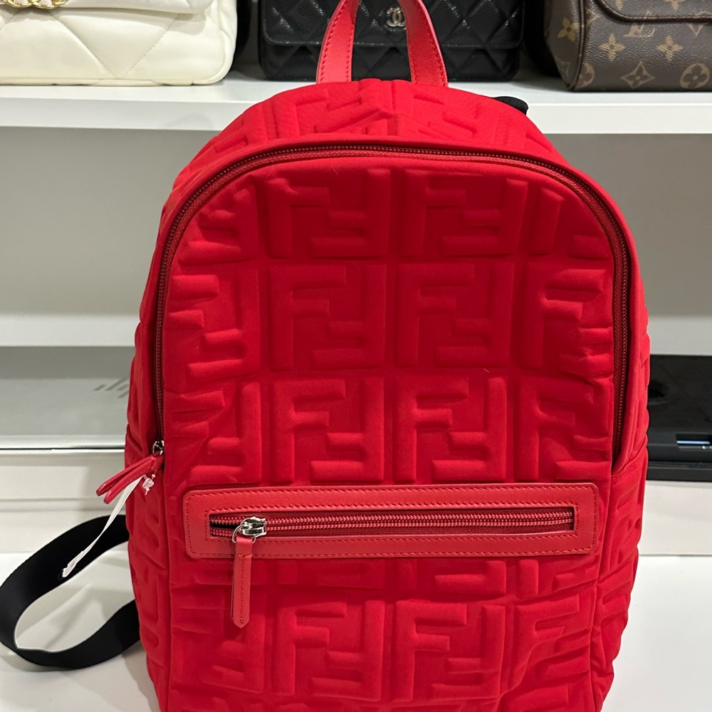 Authentic Fendi Econyl Nylon Lycra Vitello Seta FF Embossed Backpack Rosso Small